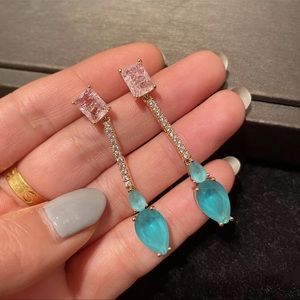 fashion light blue cz simple long drop earring for women